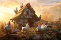 Fantasy fairytale picture of a chicken coop with chickens on a roost in flowers in the rays of sunlight