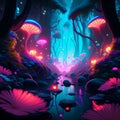 Fantasy fantasy landscape. Fairy forest with flowers. 3d illustration AI generated