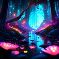 Fantasy fantasy landscape with magic pond and neon light, 3D illustration Generative AI