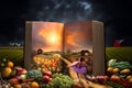 Fantasy farm fairy pops out of an Illustrative story book of harvest to bring forth the blessing of an abundance of farm produce