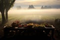 Fantasy farm. table with abundant fruits, vegetables, drinks, foods, wine, milk, bread, meat, cheese, nuts. Farm to table. Royalty Free Stock Photo