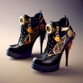 fantasy female clothing, steampunk high heel shoes, generative ai illustration, these depiction is fictitious and generated