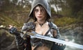Fantasy female hooded warrior ranger stands before you with her glimmering two handed sword