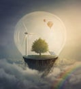 Fantasy floating island isolated eco world. Piece of ecological land hidden above the clouds. Green energy conservation and