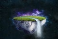 Fantasy floating island with river stream on green grass in galaxy background Royalty Free Stock Photo