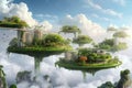 Fantasy Floating Islands with Connected Walkways. Fantasy landscape of lush floating islands connected by walkways amid