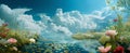 Fantasy Floral Lake with Cloudy Sky Panorama Royalty Free Stock Photo