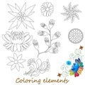 Fantasy flower elements illustration set on white isolated. Vector image. Coloring page