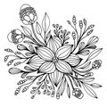 Fantasy flower framed by leaves and buds coloring page. Decorative elegant floret