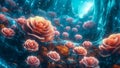 A Fantasy Flower Scene with Lots of Pink Roses, in the Style of Intricate Underwater Worlds, Generative AI