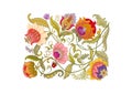 Fantasy flowers in retro, vintage, jacobean embroidery style.