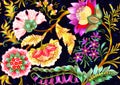 Fantasy flowers in retro, vintage, jacobean embroidery style.