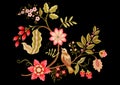 Fantasy flowers in retro, vintage, jacobean embroidery style. Embroidery imitation. Royalty Free Stock Photo