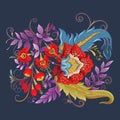 Fantasy flowers in retro, vintage, jacobean embroidery style.