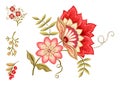 Fantasy flowers in retro, vintage, jacobean embroidery style.