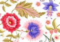 Fantasy flowers in retro, vintage, jacobean embroidery style. Seamless pattern, background. Royalty Free Stock Photo