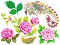 Fantasy flowers in retro, vintage, Rose jacobean embroidery paisley style