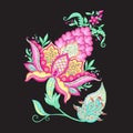 Fantasy flowers, traditional Jacobean embroidery Royalty Free Stock Photo