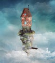 Fantasy flying house on a cloudy sky background