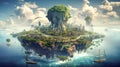 Fantasy flying island in ocean with sky and clouds. Castle on rock with sky background. Generative AI Royalty Free Stock Photo