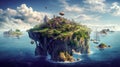 Fantasy flying island in ocean with sky and clouds. Castle on rock with sky background. Generative AI Royalty Free Stock Photo