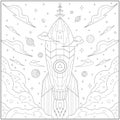 Fantasy flying rocket to the sky, Adult and kid coloring page