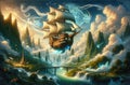 Fantasy Flying Ship Over Magical Landscape Royalty Free Stock Photo