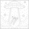 Fantasy flying space ship absorb astronout in the sky. Learning and education coloring page