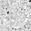 Fantasy forest animals black and white seamless pattern. Great for coloring page, prints