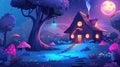 Fantasy forest cartoon background with a night fairytale house. Neon light in the window. Magic tree in fantasy Royalty Free Stock Photo