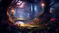 fantasy forest fairy tale background. woods with colorful lighting. dreamy landscape scene. generative AI Royalty Free Stock Photo