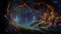 fantasy forest fairy tale background. woods with colorful lighting. dreamy landscape scene. generative AI Royalty Free Stock Photo