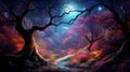 fantasy forest fairy tale background. woods with colorful lighting. dreamy landscape scene. generative AI Royalty Free Stock Photo