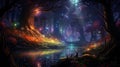 forest fairy tale background with colorful lighting dreamy landscape scene generative AI Royalty Free Stock Photo