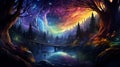 forest fairy tale background with colorful lighting dreamy landscape scene generative AI Royalty Free Stock Photo