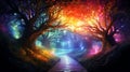fantasy forest fairy tale background. woods with colorful lighting. dreamy landscape scene. generative AI Royalty Free Stock Photo
