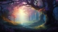 fantasy forest fairy tale background. woods with colorful lighting. dreamy landscape scene. generative AI Royalty Free Stock Photo