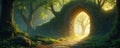 Fantasy forest features old stone archway covered in green vines. Rich trees frame ancient gate. Bright sunlight glows through Royalty Free Stock Photo