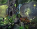 The Fantasy forest with girl , flowers, deer and castle,