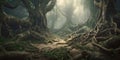 Fantasy forest with gnarled crooked twisted trees. Generative AI illustration