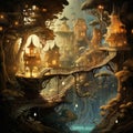 Fantasy forest land. Little floating houses and stairs. Magic fairytale, wonderland. Enchanting pathways. AI Generated
