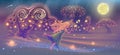 Fantasy Forest Landscape With Dreaming Girl Blowing Soap Bubbles In The Sky With Magic Trees, Stars, Moon, Fairy Tale Panorama