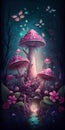 Fantasy forest with magic mushrooms and butterflies. Fairytale landscape. Royalty Free Stock Photo