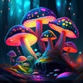 Fantasy forest with mushrooms. Vector illustration in cartoon style on a dark background. AI Generated Royalty Free Stock Photo