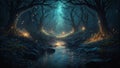 Fantasy Forest, Mystical Wood at night with beautiful fireflies, river at night illustration created with AI Generative Tool. Royalty Free Stock Photo