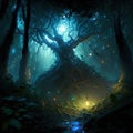 Fantasy forest at night with full moon and light. 3d rendering Generative AI Halloween ai Royalty Free Stock Photo