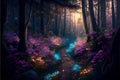 Fantasy forest at night, glowing flowers and lights, generative AI