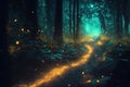 Fantasy forest at night, magic glowing path and lights in fairytale wood, generative AI