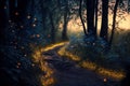 Fantasy forest at night, magic lights and fireflies in fairytale wood, generative AI Royalty Free Stock Photo