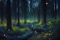 Fantasy forest at night, magic lights and fireflies in fairytale wood, generative AI Royalty Free Stock Photo